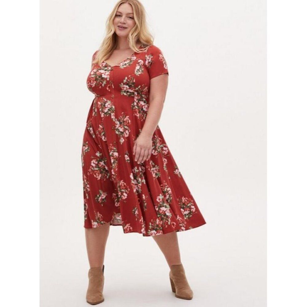 Torrid Mini Challis Button-Front Dress Terracotta Red Floral Rayon Size 3X